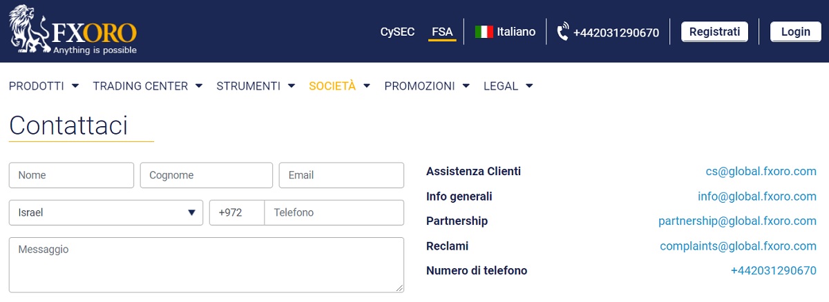 Supporto clienti di FXORO