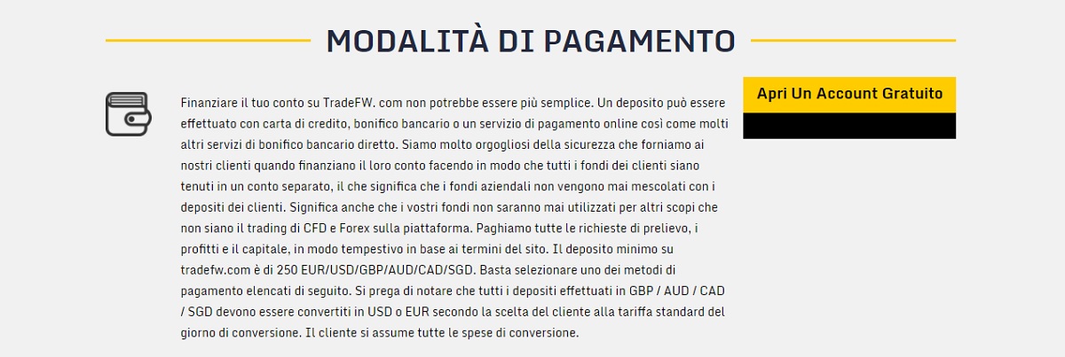 metodi di pagamento di TradeFW